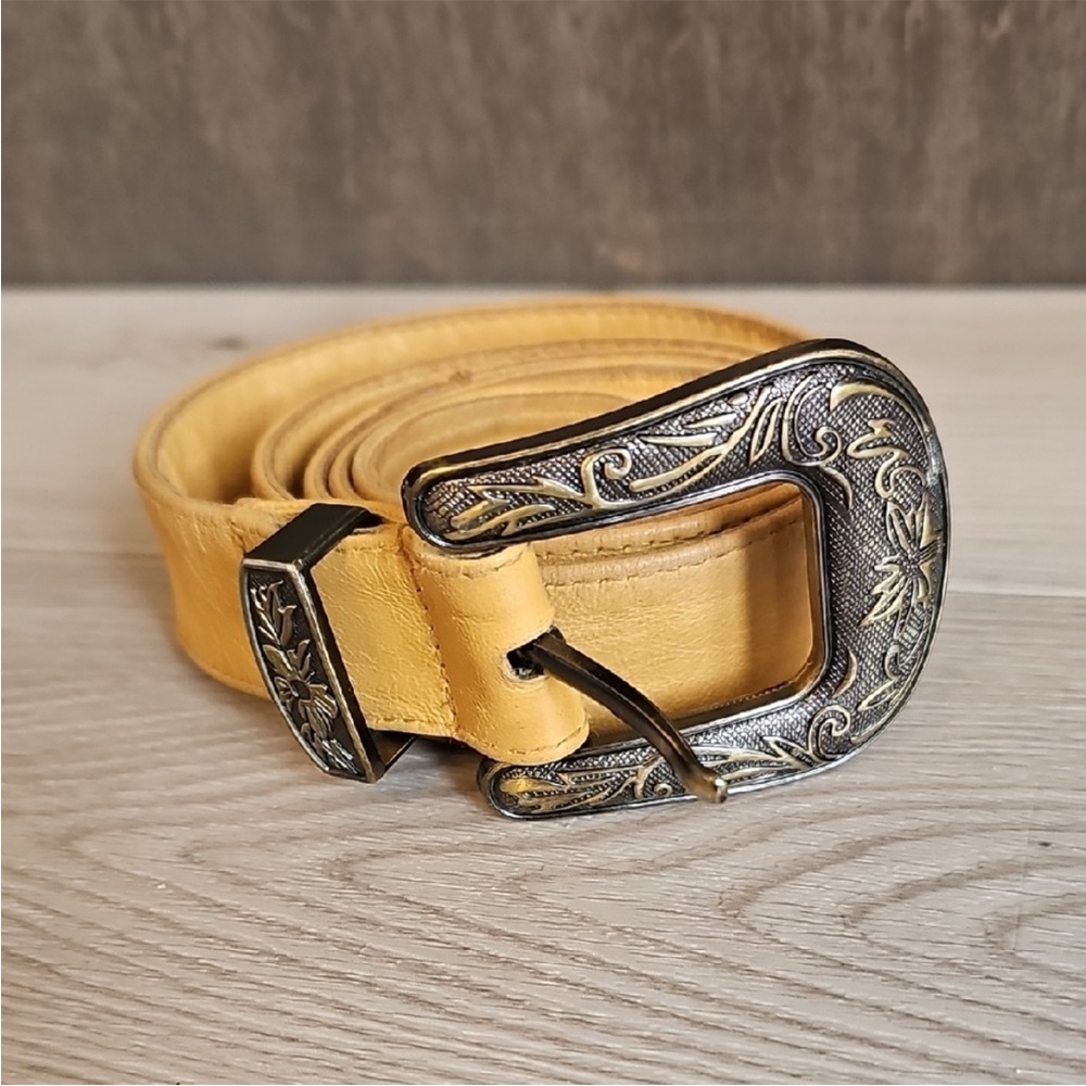 Western Leather Belt with Ornate Metal Buckle
